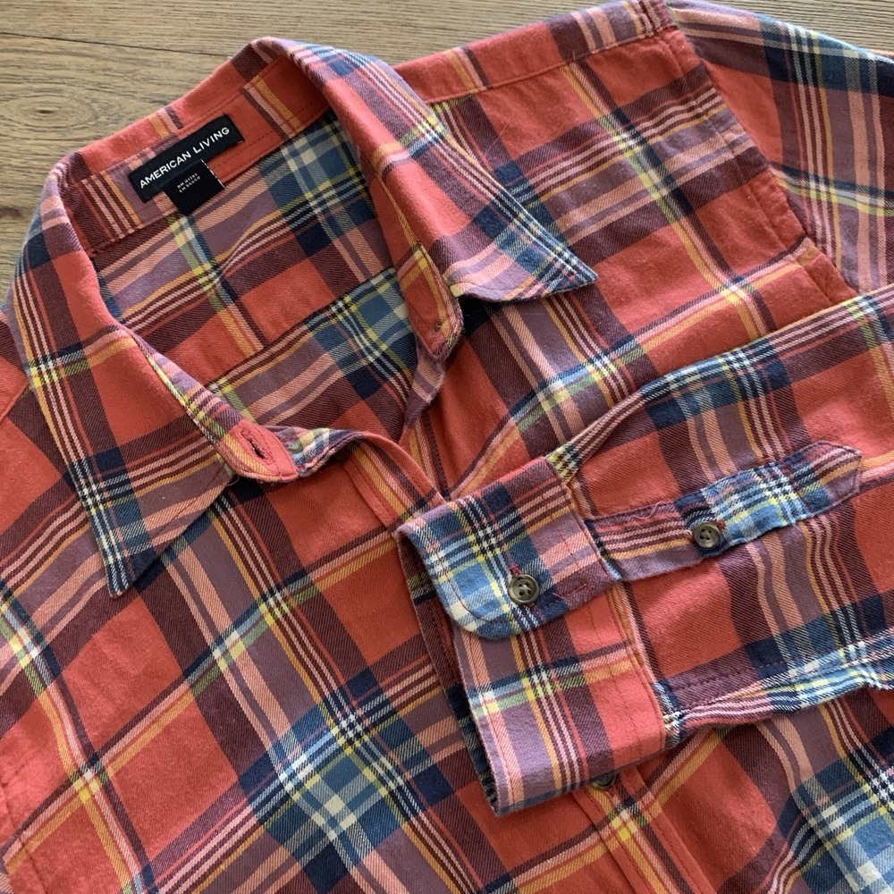 American‎ Living Plaid Button Front Shirt Women's XL Pink Blue Preppy